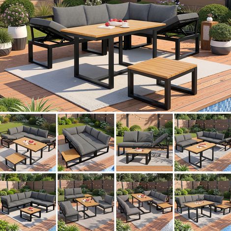 Salon lounge jardin 6 pièces sans accoudoirs dossier réglable, canapé d'angle table basse acier résistant aux intempéries coussins gris (1/5)