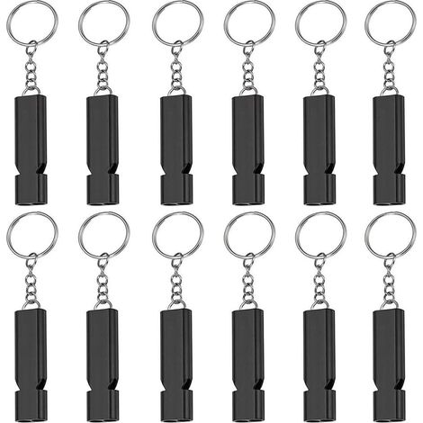 Paquete de 12 silbatos de emergencia potentes para supervivencia en exteriores, de doble tubo, silbato de rescate fino para natación, caza y color negro.