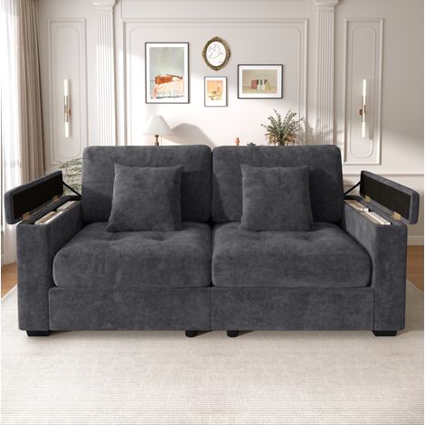 2-Sitzer-Sofa 180 cm dunkelgrau aus Chenille mit Stauraum und 2 Kissen (1/5)