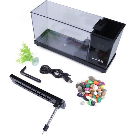 Mini aquarium multifonctionnel avec port USB, horloge et éclairage LED, noir (1/5)
