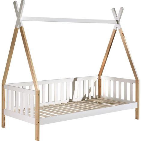 FLITT - Lit Banquette 90x200cm Blanc et Pin Forme Tipi (1/4)