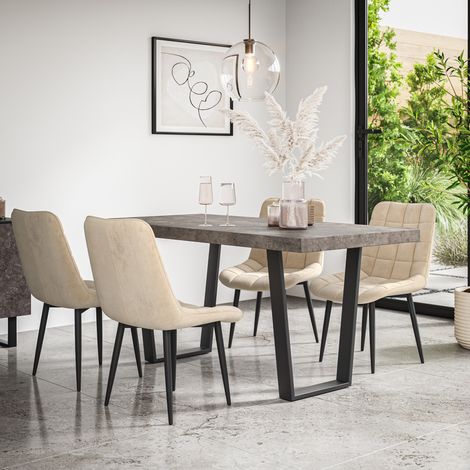Aria Dining Table And Chairs - Grey Table Top w Black Legs + Nova Velvet Dining Chair Set Of 4 (Beige) (1/5)