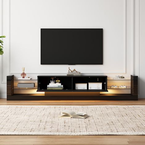 Mobile TV lucido 181X38X38 cm, illuminazione LED - Per TV fino a 80 pollici, frontale in vetro, 2 cassetti pieghevoli, nero (1/5)