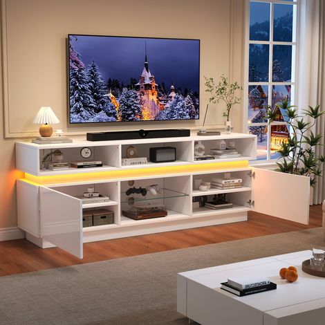 Mobile TV con 10 Scomparti e LED, Ante Lucide per Soggiorno, in MDF e Vetro, Bianco, 160 x 35 x 60 cm (1/5)