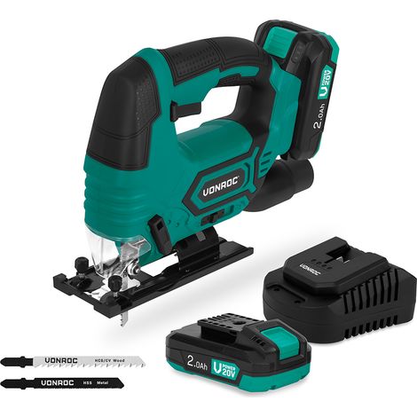 VONROC Scie sauteuse sans fil 20V  avec 2 batteries 2.0Ah et chargeur rapide