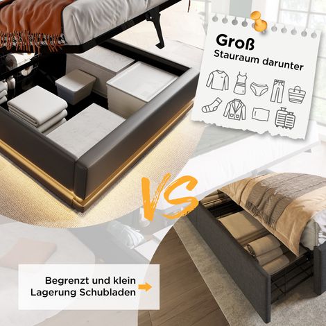 Lit coffre hydraulique 90x200 cm, noir similicuir PU, tête de lit rembourrée avec charge USB-C, LED 3 côtés, sommier à lattes sans matelas (1/5)