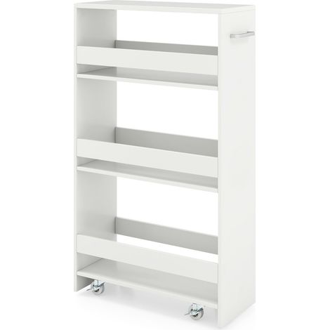 Chariot de rangement blanc 20 cm à 4 niveaux avec poignée, rebords et station de recharge pour cuisine, buanderie et salon