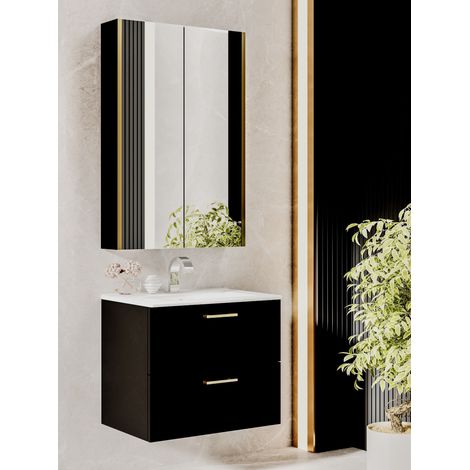 Armoire de salle de bain suspendue Antico 60 avec miroir, noir/or (1/2)