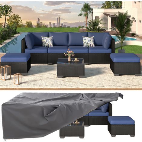 YODOLLA 6-Seater Garden Furniture Sets 8 Pieces Outdoor Patio Rattan Sofa Set with Cover, Dark Blue Cushions