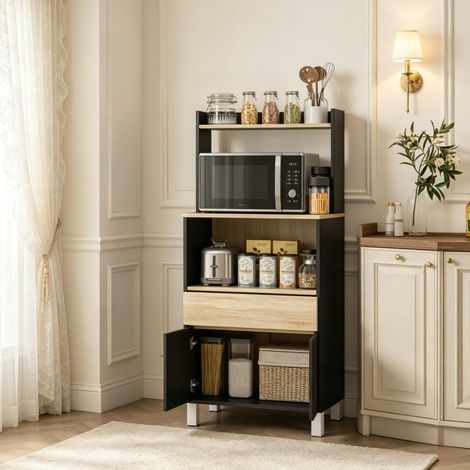 Meuble pour micro-ondes noir et chêne 60 x 40 x 131 cm avec tiroir et placard OKWISH (1/5)