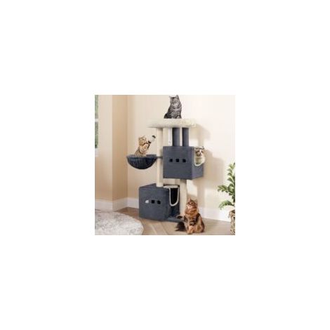Arbre à chat 98 cm – 2 grottes 30 x 30 cm – 3 piliers en sisal – Base en bois épais – Tapis antidérapants pour sécurité