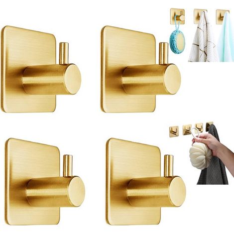Lot de 4 crochets autocollants sans perçage - Crochets porte-serviettes en acier inoxydable - Crochet autocollant individuel sans perçage - Porte-torchons pour cuisine et salle de bain - Doré (1/5)