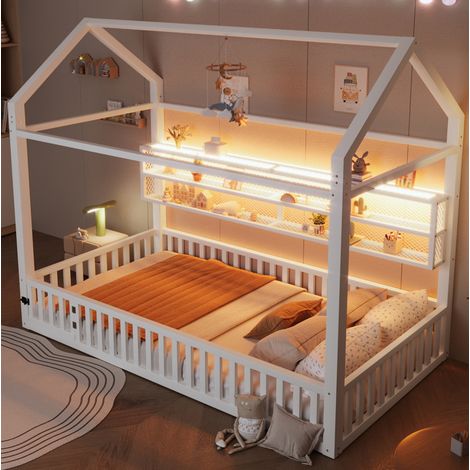 Cama infantil de metal blanco 90x200 cm con diseño de casa, valla de seguridad y luz LED (1/5)
