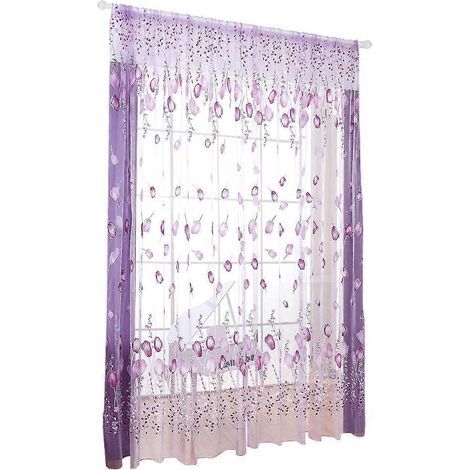 Rideaux transparents à motif tulipe 100x200cm, voilage, pompons, en tulle floral, pour chambre, salon et décoration intérieure-200.00X100.00X0.10CM-Purple (1/3)