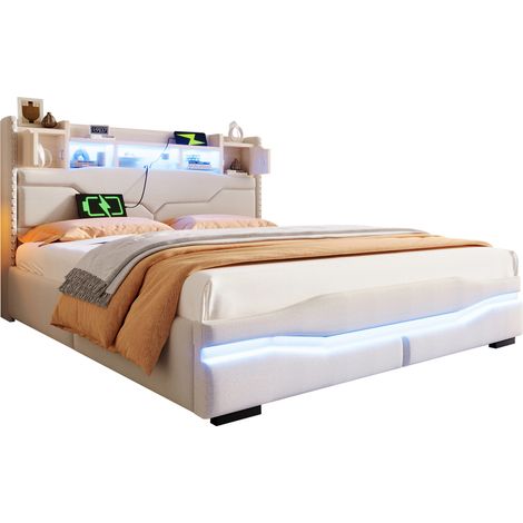 Letto matrimoniale contenitore 160x200 cm idraulico con LED, testiera con ripiano, prese USB/Type-C e colore beige per camera da letto moderna – CHICFURN (1/5)