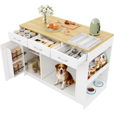 Îlot de cuisine blanc avec trois tiroirs, meuble avec espace pour animal, étagère réglable et rangements, 120 x 60 x 90 cm (1/5)