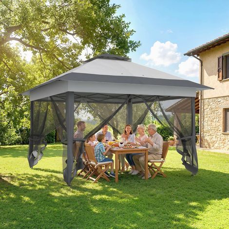 Tonnelle barnum jardin pop-up pliant acier polyester moustiquaires sac roulettes gris (1/5)