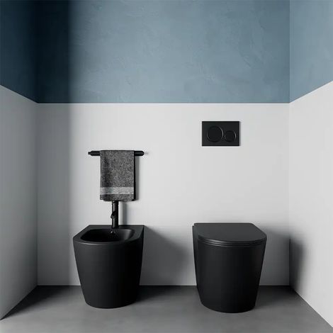 Coppia di Sanitari Filomuro in Ceramica Rimless Nero Opaco con Vaso, Bidet e Copriwc Soft-close Mod. Vienna (1/5)