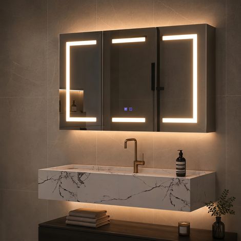 Armoire de toilette LED avec miroir, 100x60x13.5 cm, meuble de rangement suspendu 3 portes avec prise et fonction anti-buée, étagères réglables, Blanc (1/5)