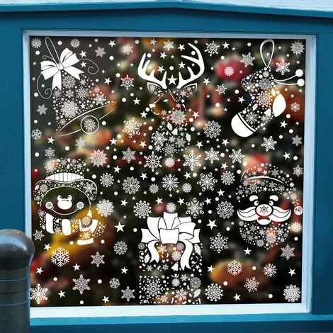 Autocollants de Noël, flocons de neige blancs, cadeaux, sapin du Père Noël, autocollants pour fenêtres, bonhomme de neige, chaussettes de Noël, rennes, décorations de fenêtres, autocollants statiques.