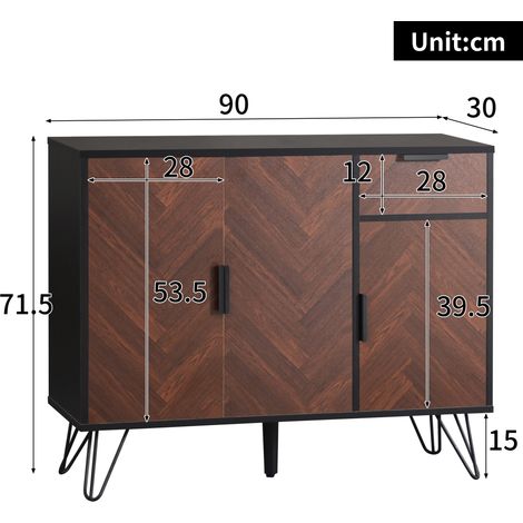 Buffet, hauteur réglable, avec tiroirs, étagères réglables, 90 x 30 x 71,5 cm, panneaux de particules et bois, noir (1/5)