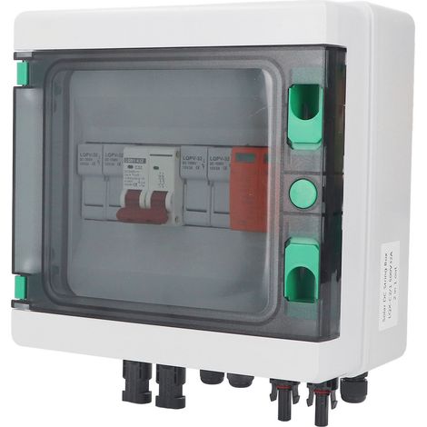 Boîtier de raccordement solaire photovoltaïque 2 chaînes DC500V, fusibles 15A, parafoudre, disjoncteur DC 32A, connecteurs solaires, étanche IP65, pour systèmes panneaux solaires connectés au réseau o (1/5)