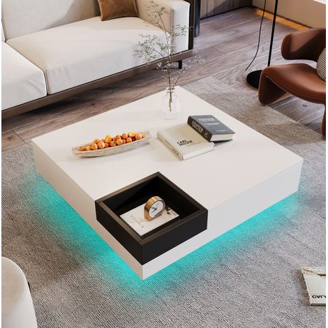 Table basse en panneaux de particules blanc et noir 72 cm avec boîte de rangement amovible et LED (1/5)