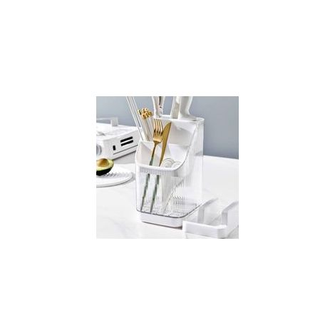 Bloc à couteaux avec bac de rangement égouttoir, organisateur d'ustensiles de cuisine transparent blanc