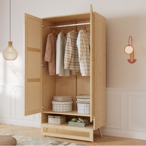 Armario ropero (90x45x183 cm), 2 puertas, con barra para colgar, almacenaje inferior abatible, tablero de partículas y PE ratán, natural (1/5)