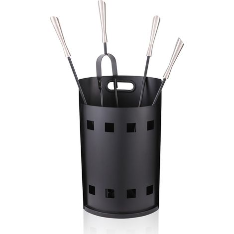 Ensemble d'outils de cheminée, 5 pièces, dans un seau, tisonnier, pelle à cendres, balai, pince, noir/argent (1/5)