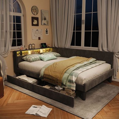 Schlafsofa - Clic Clac 2 Plätze - 140x200 - Graues Velours - Schubladen & USB-LED-Beleuchtung