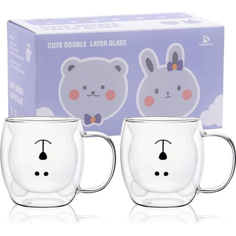 Ensemble de 2 tasses ours mignon Ours mignon de tasses Tasse à thé avec poignée Tasse à lait 250 ml Tasses à expresso en verre isolé à double paroi Verre cadeau pour anniversaire Saint Valentin (1/5)