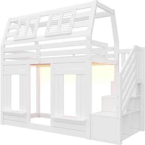 Lit superposé, lit mezzanine, lit enfant, lit en bois, lit cabane 90x200cm avec LED, barrière antichute et escalier de rangement, forme de fenêtre, blanc