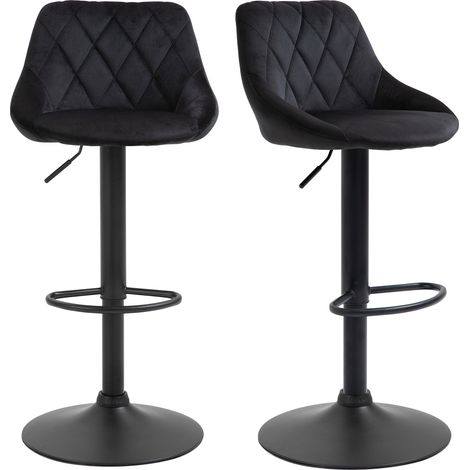 Tabourets de bar pivotants réglables hauteur 2 chaises velours noir acier avec dossier repose-pieds losange