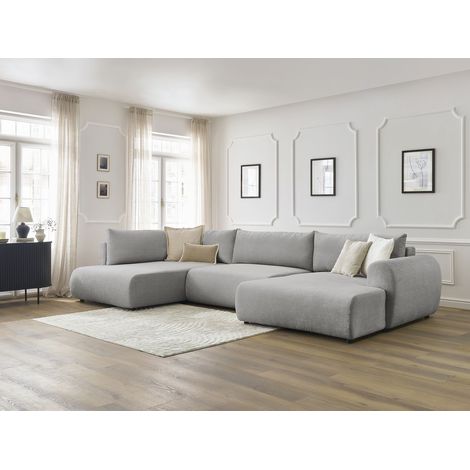 BOBOCHIC - Canapé panoramique convertible coffre LUCIEN tissu lisse Angle droit Gris clair (1/5)