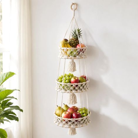 Cesto portafrutta sospeso a tre livelli in macramè - Cotone - Stile bohémien - Per frutta e verdura - Cesto portaoggetti sospeso - Bianco - 110 cm - Per soggiorno, bagno (1/5)