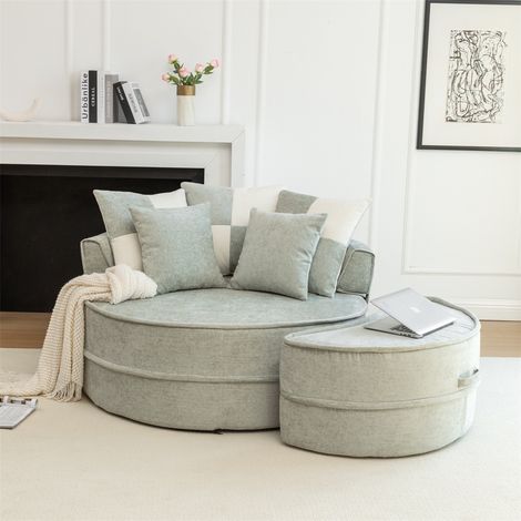 Canapé Rond avec 5 Coussins et Repose-pieds - 163x121x66cm - Fauteuil Lounge en Chenille Douce sans Structure - Vert Menthe (1/5)