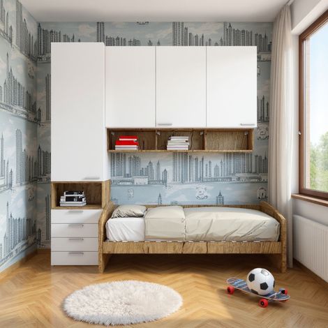 Cameretta a mezzo ponte con divano letto, armadio e cassettiera - Bianco e Quercia