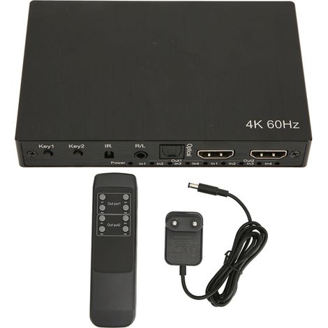Commutateur HDMI 4K 4 entrées 2 sorties, répartiteur vidéo avec sortie audio optique 3.5mm, EDID, télécommande IR, prise UE 100-240V (1/5)