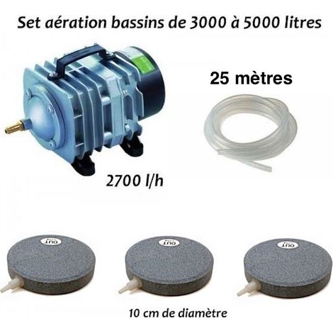 Le Poisson Qui Jardine – Aérateur de bassin 3000-5000 l/h – Compresseur 2700 l/h – 3 diffuseurs disques 10 cm – Installation flexible avec 25 m de tuyau cristal