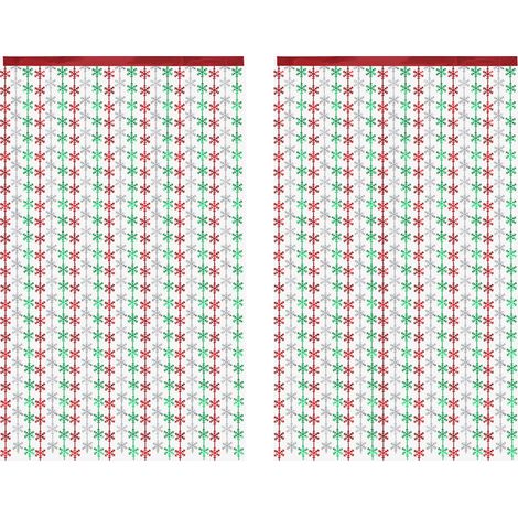 Rideaux à franges métallisées à motif flocons de neige - 2 pièces 1x2m, rideaux scintillants métallisés, décoration de fête, décoration de photomaton, flocons de neige plats rouges, verts et argentés