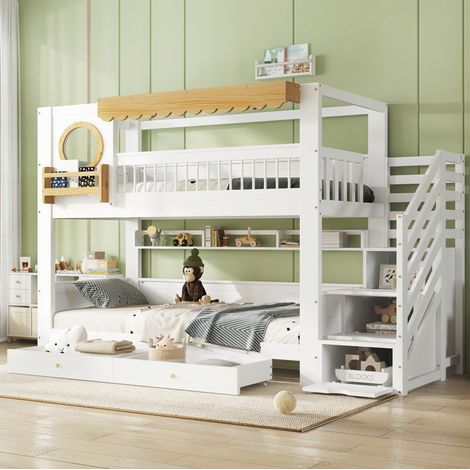Cama litera infantil moderna de madera maciza y MDF blanco+natura 90x200 cm con escalera almacenaje, cajones y estanterías