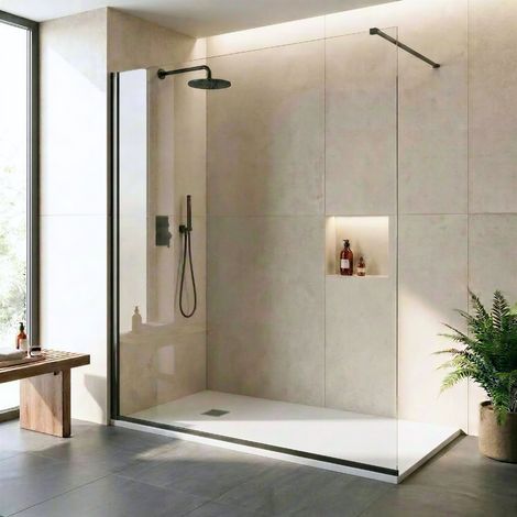 Pack douche italienne : receveur blanc 160 x 90 cm + paroi fixe profilé noir