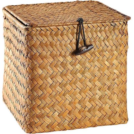 Boîte à thé carrée en paille tressée avec couvercle, idéale pour ranger le thé et décorer la maison (orange, taille moyenne).-13x13cm-Orange (1/3)