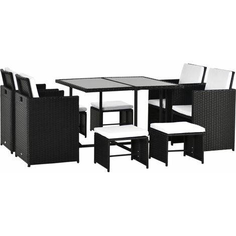 Outsunny 9 tlg. Polyrattan Gartenmöbel Rattan Gartenset Sitzgruppe Garnitur Essgruppe inkl. Kissen Schwarz 109 x 109 x 72 cm (1/5)