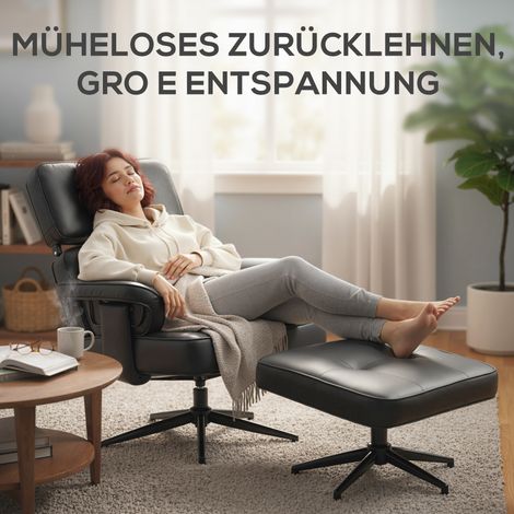 Fauteuil relax inclinable ajustable avec repose-jambes, revêtement similicuir, appui-tête réglable en hauteur, piètement métallique, noir (1/4)