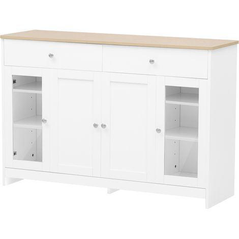 Buffet en MDF blanc effet bois, 4 portes, 2 tiroirs, verre, 120 cm (1/5)