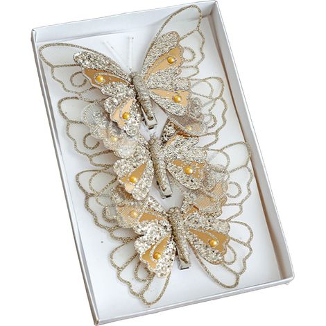 Ornement Papillon - Décoration Arbre De Noël En Tissu Brillant - Accroche Murale Avec Pince - Or - Lot De 3 (1/3)