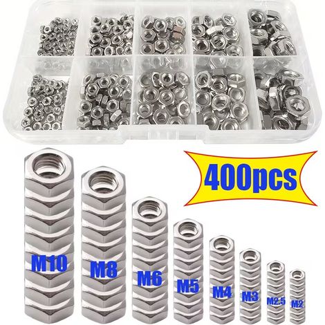 Kit 400 Pièces Écrous Hexagonaux HU Inox 304 A2 DIN 934 – Assortiment Métrique M2 M2.5 M3 M4 M5 M6 M8 M10 – Coffret Visserie pour Vis Boulons et Tiges Filetées (1/5)