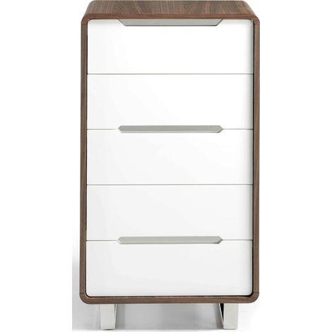 Chiffonnier bois 5 tiroirs laqué inserts et pieds acier inoxydable chromé - Noyer, blanc, acier (1/5)
